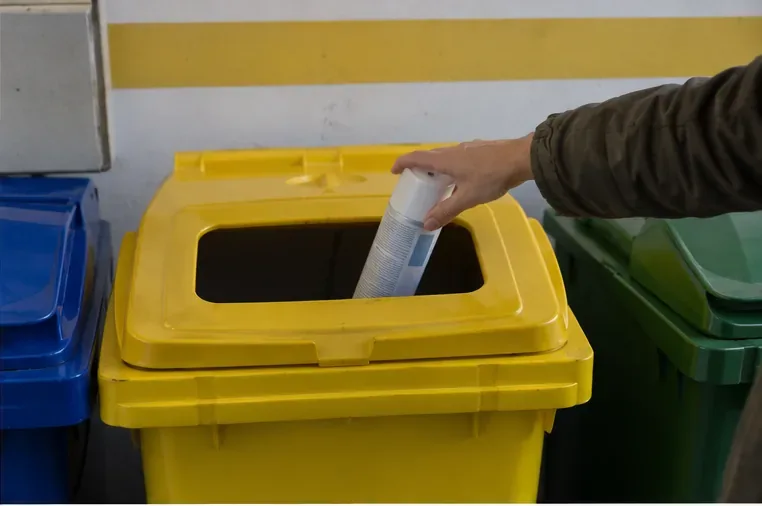 Una mano colloca una bomboletta spray nel contenitore giallo per la raccolta di plastica e metalli