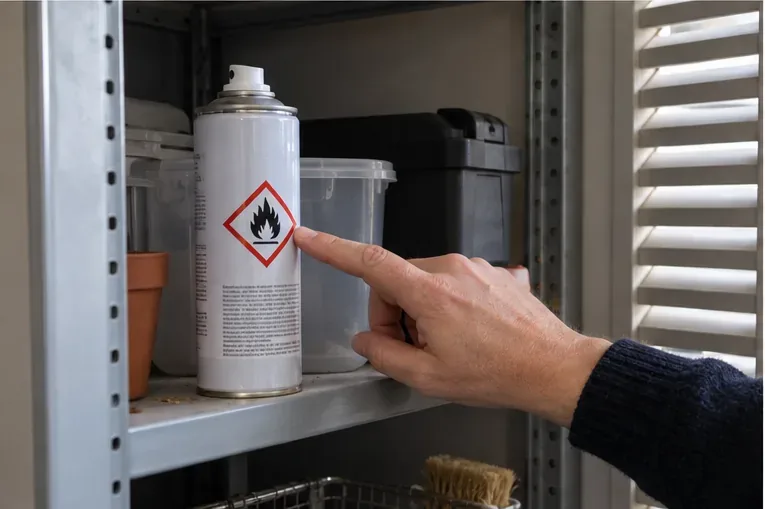 Una mano indica il pittogramma rosso con la fiamma su una bomboletta spray integra collocata su uno scaffale.