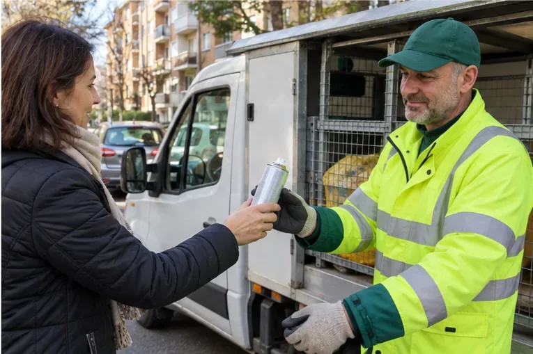 Una persona consegna una bomboletta spray integra a un addetto in alta visibilità accanto a un mezzo di raccolta mobile senza insegne identificabili.