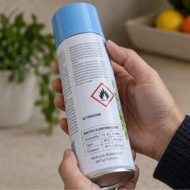 Una mano controlla l’etichetta di una bomboletta spray integra con un pittogramma di fiamma
