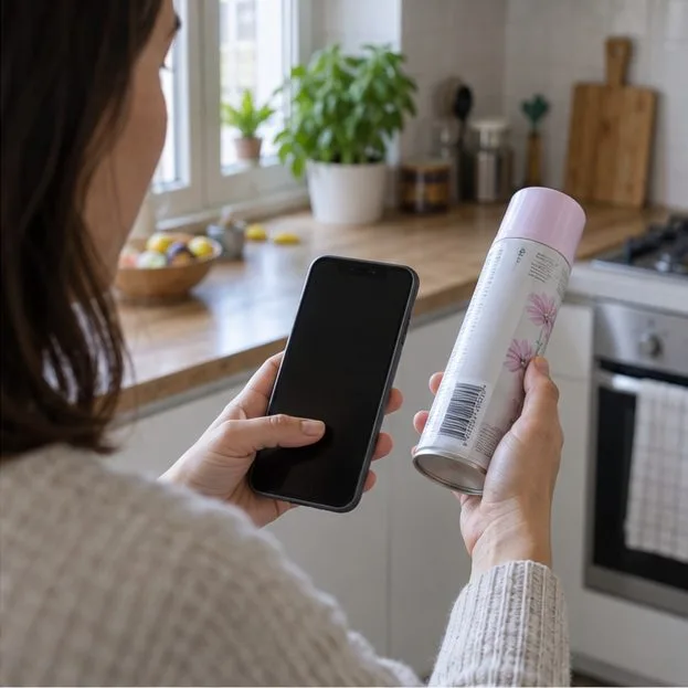 Una persona tiene una bomboletta spray integra accanto a uno smartphone mentre controlla il codice a barre