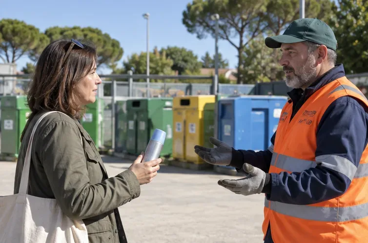 Un cittadino chiede indicazioni a un addetto presso un centro di raccolta con contenitori differenziati.