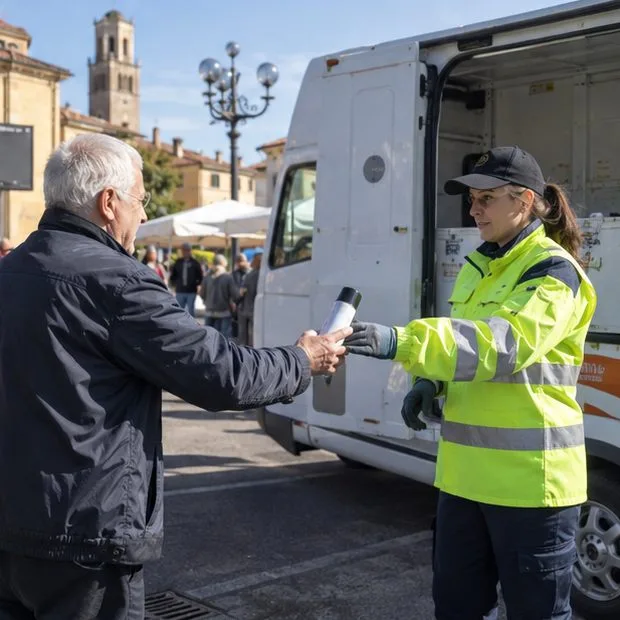 Un residente consegna una bomboletta integra a un’addetta accanto a un furgone di raccolta mobile