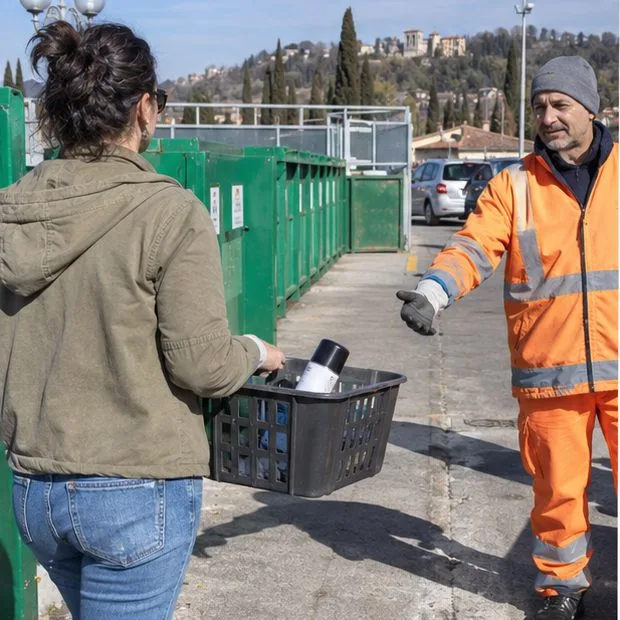 Una residente porta una bomboletta integra a un addetto presso un centro comunale di raccolta
