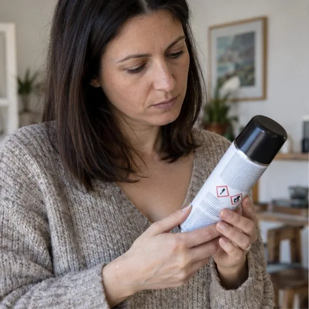 Una persona legge l’etichetta di una bomboletta spray integra prima di scegliere il punto di raccolta