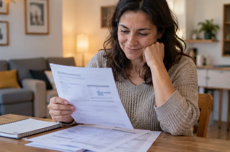 Mujer revisando con satisfacción una nueva factura sentada a la mesa de su casa