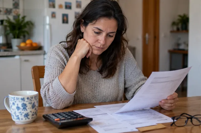 Mujer revisando una factura y varios documentos en una mesa con calculadora