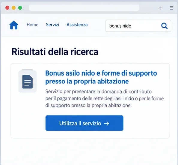 Schermata illustrativa dei risultati di ricerca con il servizio Bonus asilo nido e forme di supporto presso la propria abitazione