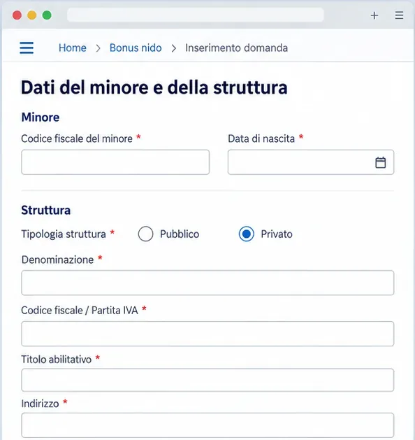Schermata illustrativa con campi per codice fiscale del minore, data di nascita e dati della struttura educativa