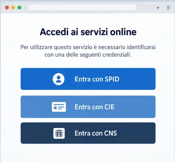 Schermata illustrativa con tre opzioni di accesso ai servizi online: SPID, CIE e CNS
