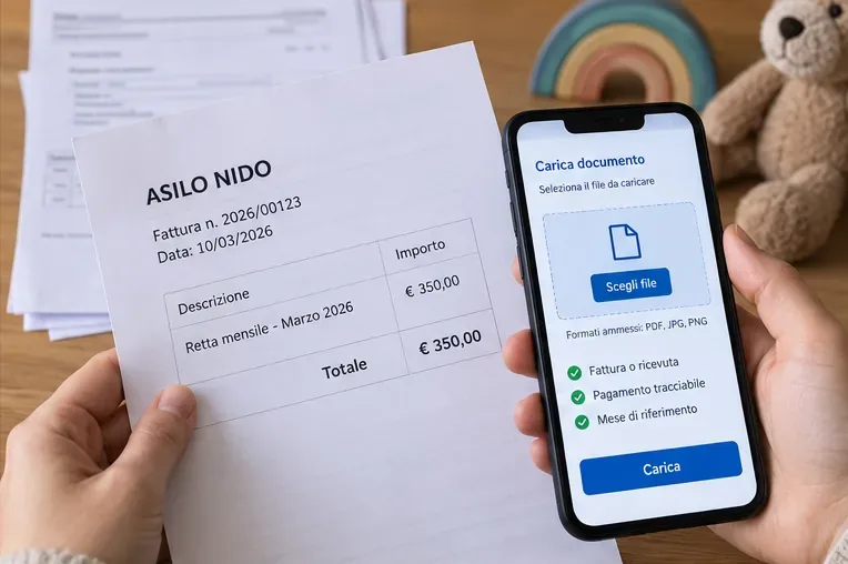 Fattura di un asilo nido accanto a uno smartphone durante il caricamento della documentazione di pagamento