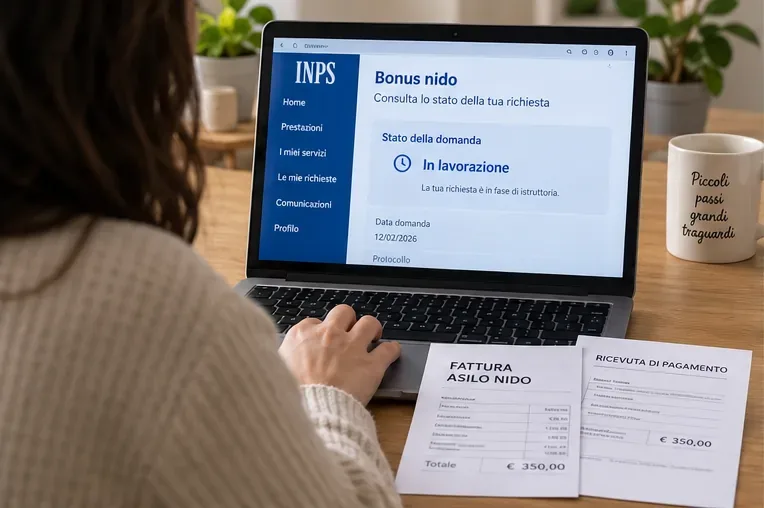 Genitore davanti a un portatile mentre controlla lo stato della domanda Bonus nido, con fattura e ricevuta della retta sul tavolo