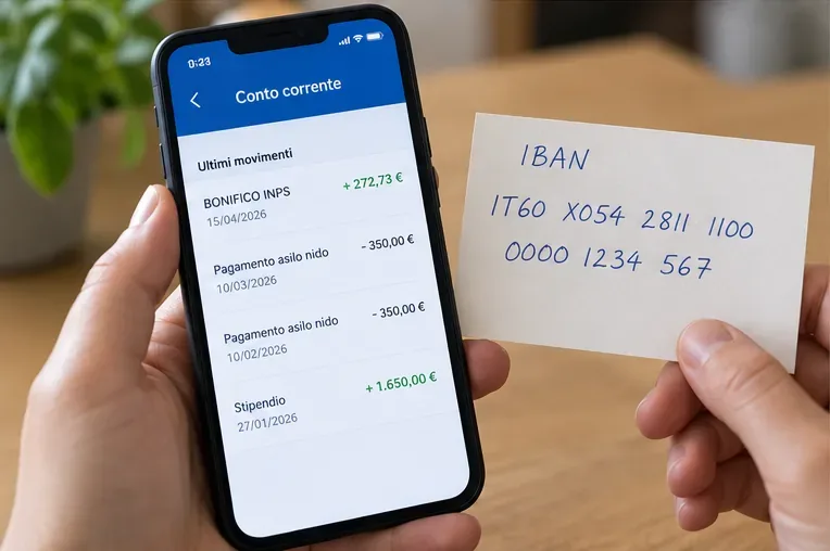 Persona che confronta sul telefono i movimenti del conto corrente con un promemoria dell’IBAN usato per il Bonus nido