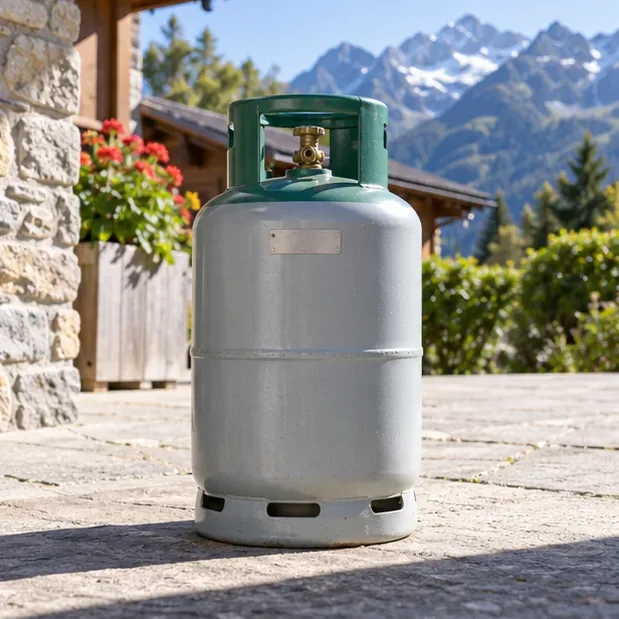 Bouteille de gaz domestique intacte posée dehors, avec son col et sa plaque de marquage visibles