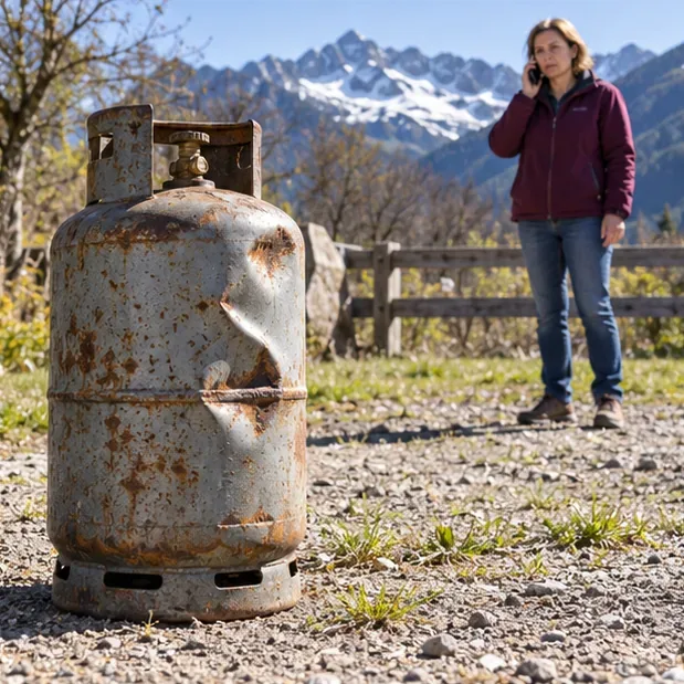 Une bouteille de gaz très rouillée reste au sol tandis qu’une personne à distance appelle de l’aide