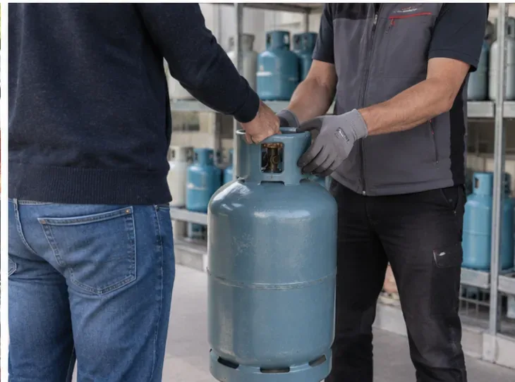 Un client remet une bouteille de gaz à un employé devant un espace de stockage de bouteilles chez un revendeur.
