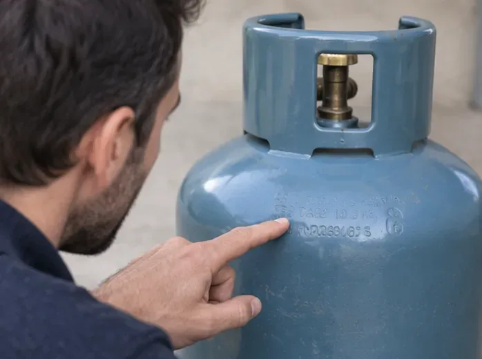 Une personne examine les marquages gravés sur une bouteille de gaz bleue avant de rechercher le réseau de reprise correspondant.