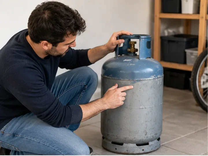Personne examinant une bouteille de gaz usagée sans démonter le robinet, avant de choisir une filière de reprise