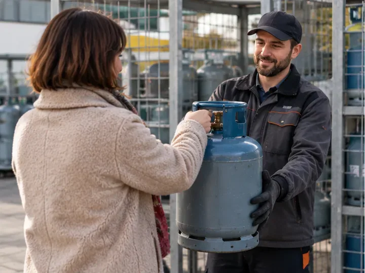 Cliente remettant une bouteille de gaz à un professionnel dans un point de distribution spécialisé