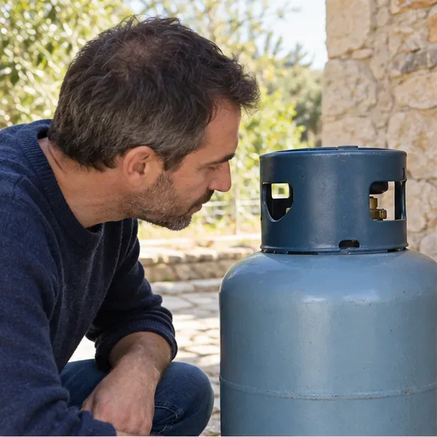 Un homme examine le dôme et le col d’une bouteille de gaz domestique bleue posée à l’extérieur.