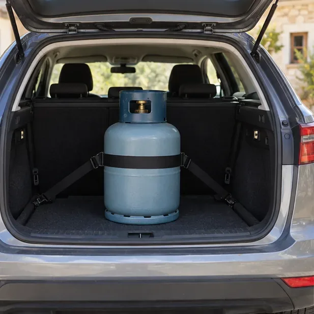 Une bouteille de gaz domestique est maintenue debout et sanglée dans le coffre d’une voiture.