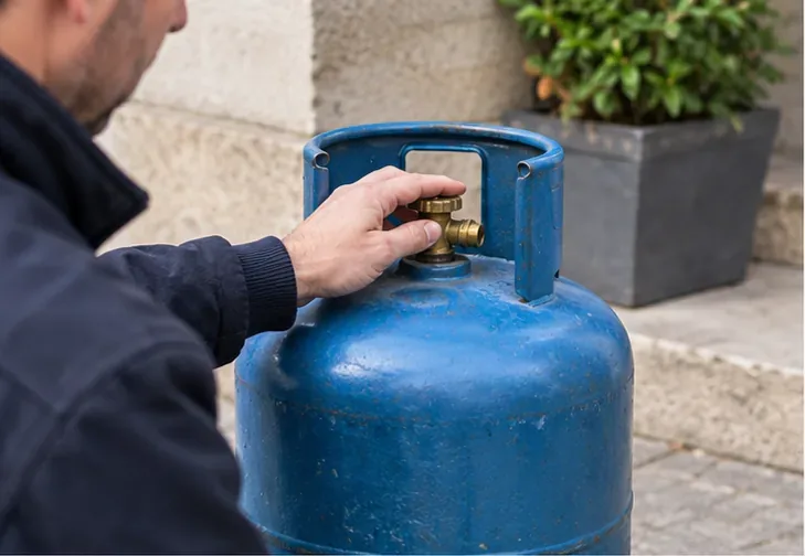 Une personne examine le robinet d’une bouteille de gaz bleue posée debout à l’extérieur.