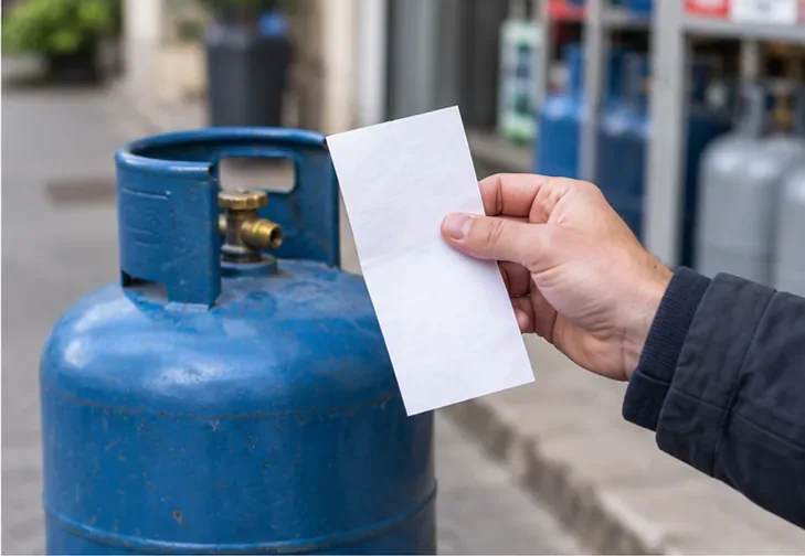 Une main tient une feuille devant le robinet d’une bouteille de gaz bleue.
