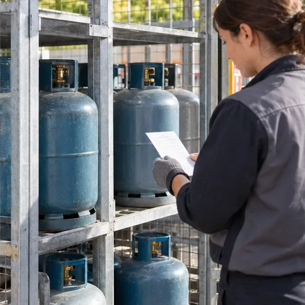 Des bouteilles de gaz sont rangées debout dans une cage de stockage chez un revendeur