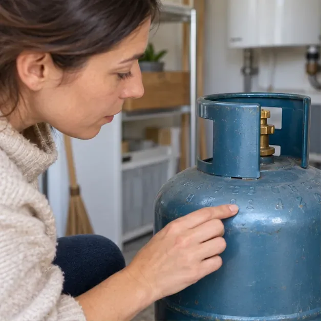 Une personne examine le marquage en relief et la couleur d’une bouteille de gaz pour retrouver sa marque