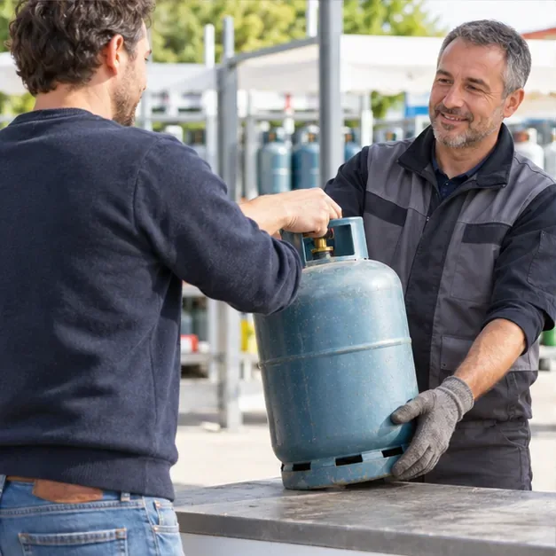 Un particulier remet une bouteille de gaz fermée à un employé dans un point de vente spécialisé