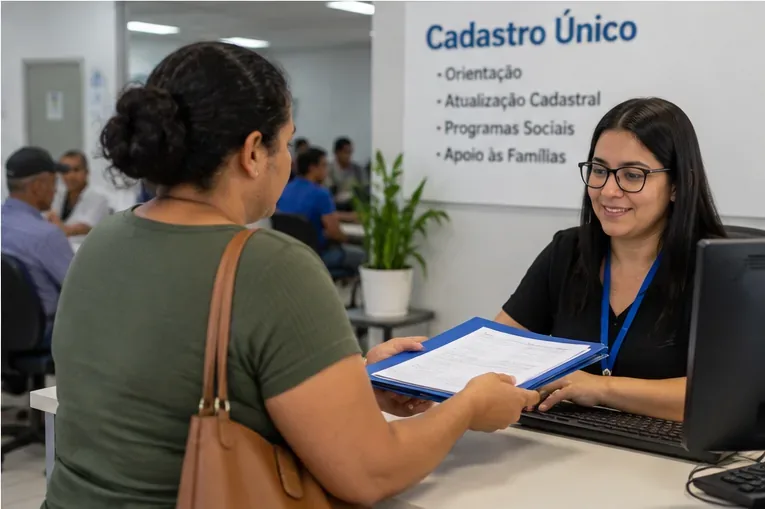 Mulher entrega uma pasta de documentos a uma atendente em um posto de Cadastro Único.