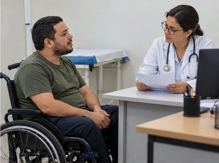 Um profissional de saúde conversa com um homem cadeirante e consulta papéis durante uma avaliação