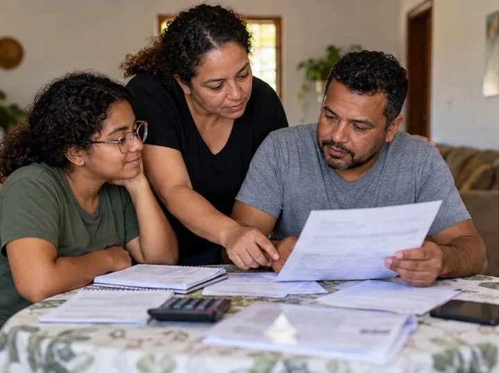 Três pessoas da mesma família analisam papéis e fazem anotações em uma mesa de casa antes de iniciar um pedido de benefício