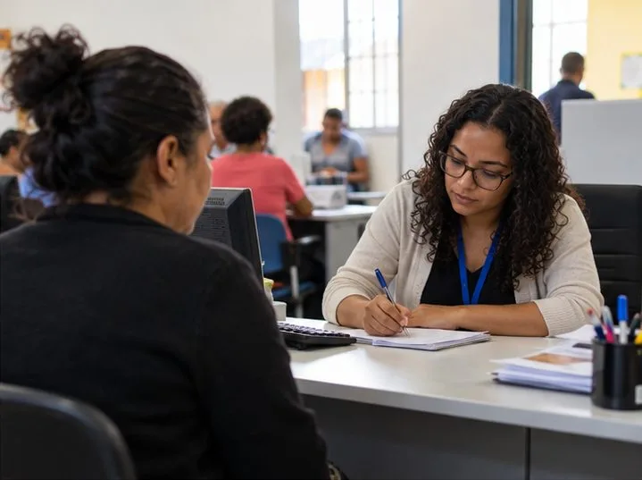 Uma pessoa conversa com uma atendente sentada a uma mesa em um centro de atendimento social