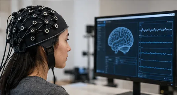 A person wearing an EEG electrode cap while viewing brain-signal data on a computer monitor in a research setting