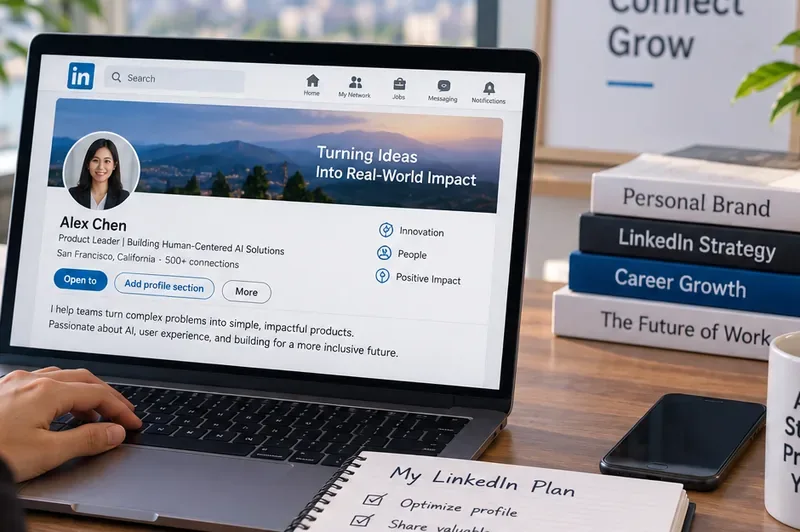Laptop with a professional LinkedIn profile beside personal-brand strategy books and a written LinkedIn planning checklist.