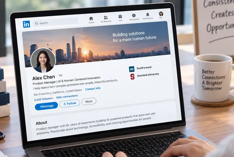 Laptop displaying a professional LinkedIn profile with a clear headline, background image, follower count, Follow control, and About section in a bright workspace.