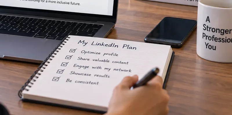 Notebook titled My LinkedIn Plan with a checklist for profile optimization, valuable content, network engagement, showcasing results, and staying consistent.