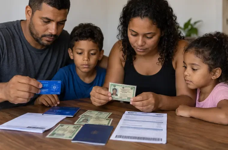 Família organiza cartões de identificação e documentos sobre a mesa antes de atualizar o Cadastro Único