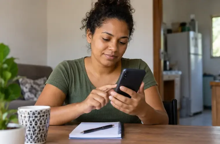Mulher consulta o Cadastro Único pelo celular em casa, com um caderno aberto sobre a mesa