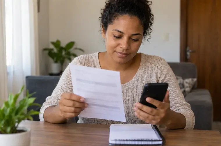 Mulher confere um comprovante impresso e o celular depois de atualizar o Cadastro Único
