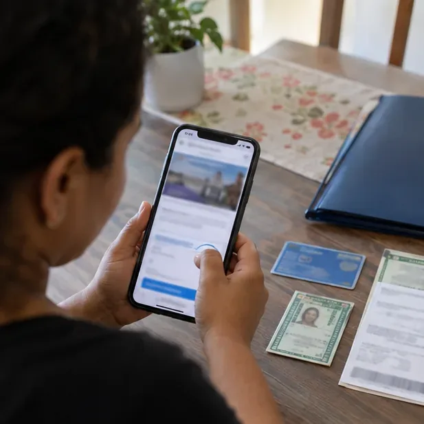 Pessoa consulta no celular uma página pública genérica ao lado de documentos pessoais, sem dados legíveis na tela.
