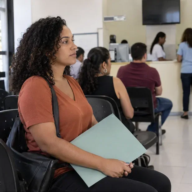 Pessoa aguarda atendimento em uma recepção pública segurando uma pasta de documentos.