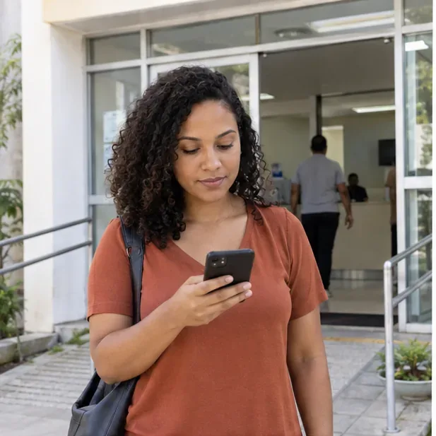 Pessoa chega à entrada de um centro de atendimento social consultando o celular.