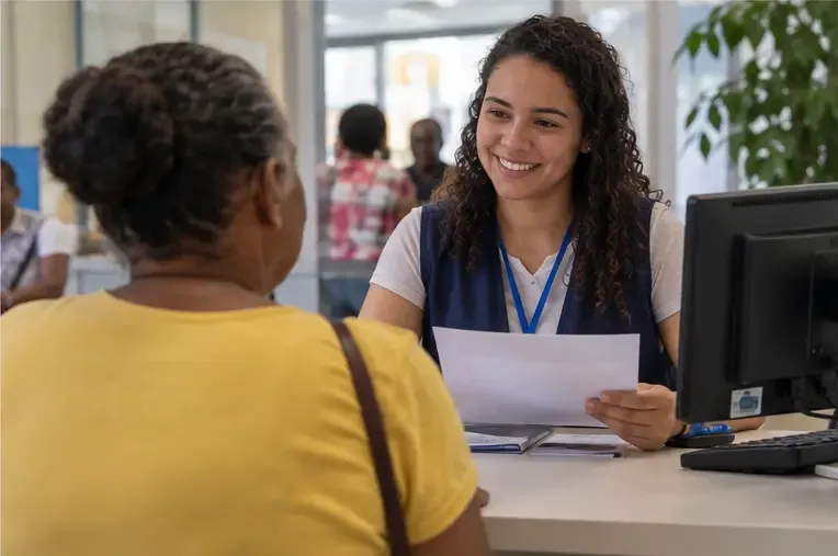 Cidadã conversando com uma atendente em um balcão de assistência social