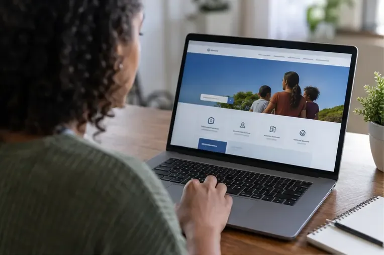Pessoa sentada diante de um notebook acessando um portal digital de serviço público
