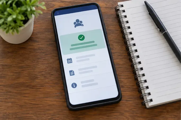 Celular ao lado de um caderno exibindo uma tela genérica de consulta de cadastro social