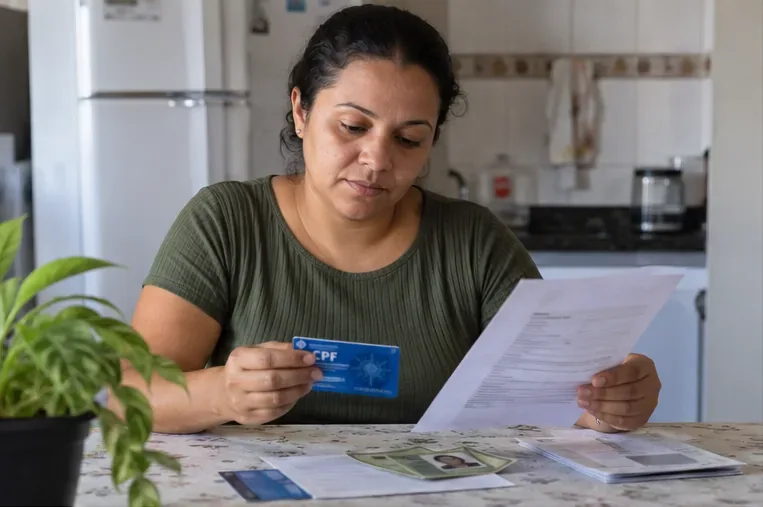 Pessoa organizando documentos pessoais e comprovantes em casa antes de atualizar o Cadastro Único.