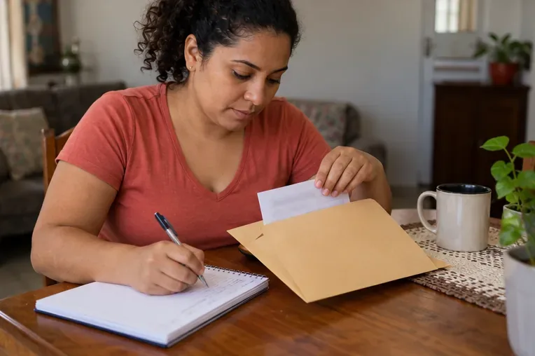 Uma mulher guarda papéis em uma pasta e anota informações em um caderno em casa