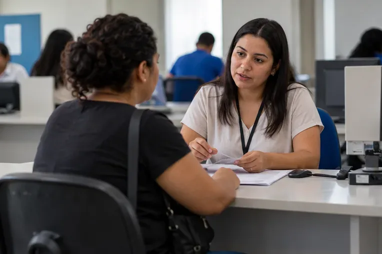 Uma mulher conversa com uma atendente em uma mesa de serviço público municipal